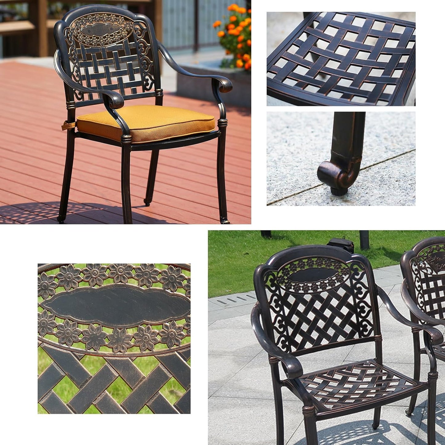 Outdoor Dining Chair Cast Aluminum Patio Chairs Set of 2 All-Weather Patio Dining Chair with Adjustable Feet for Backyard Garden (Crown Chair)