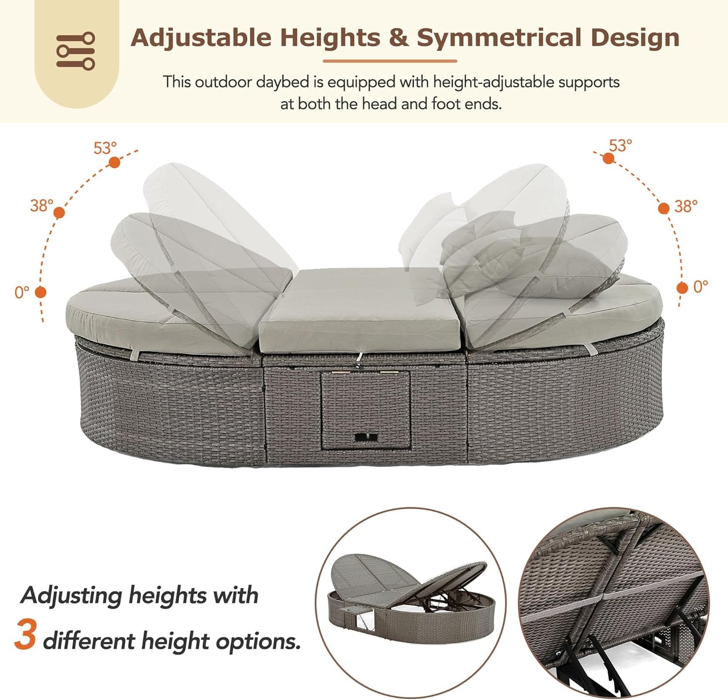 kevinplus Outdoor Daybed Patio Sunbed with Adjustable Backrests and Foldable Cupholder, Rattan Outdoor Garden Daybed Sunbed Reclining Chaise Lounge for Poolside Balcony, Gray