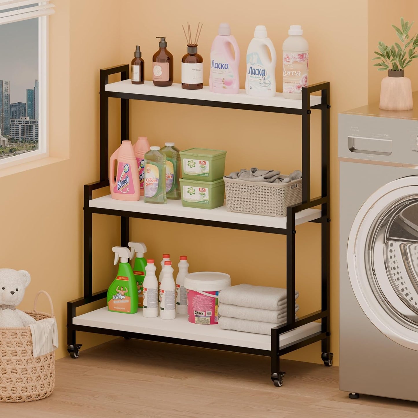 Rustic Plant Stand With Wheels, Rolling Shelves Rack Indoor Outdoor, Metal Stand With Solid Wood for Multiple Plants, Industrial Ladder Flower Shelf for Garden, Living Room, White