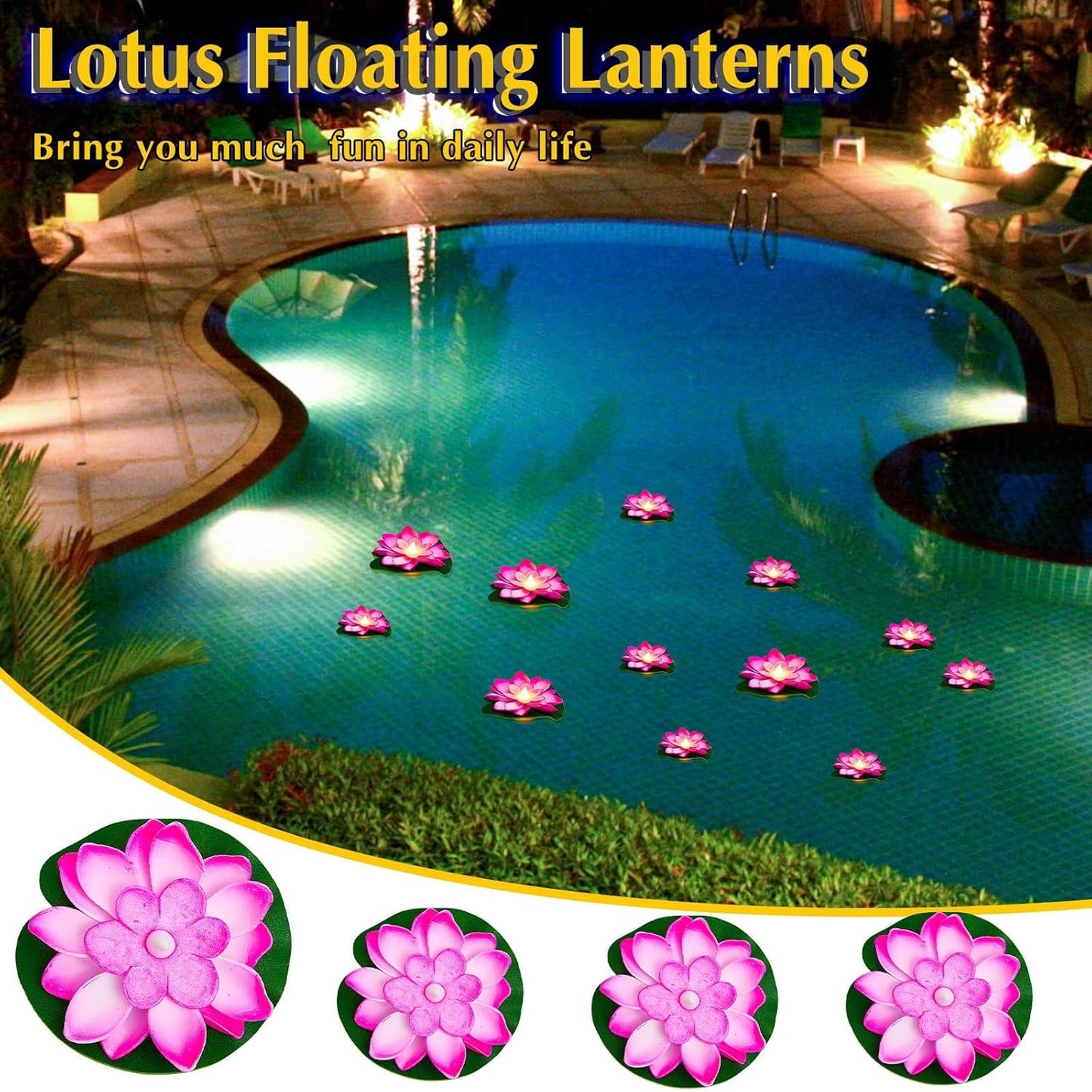 Liliful 24 Pcs Diwali Lotus Decoration Pool Floating Lights, Artificial Flowers Lotus with LED,Lily Pads Water Lantern for Indian Puja Home Decoration(3.94 Inch, 5.91 Inch,Pink)