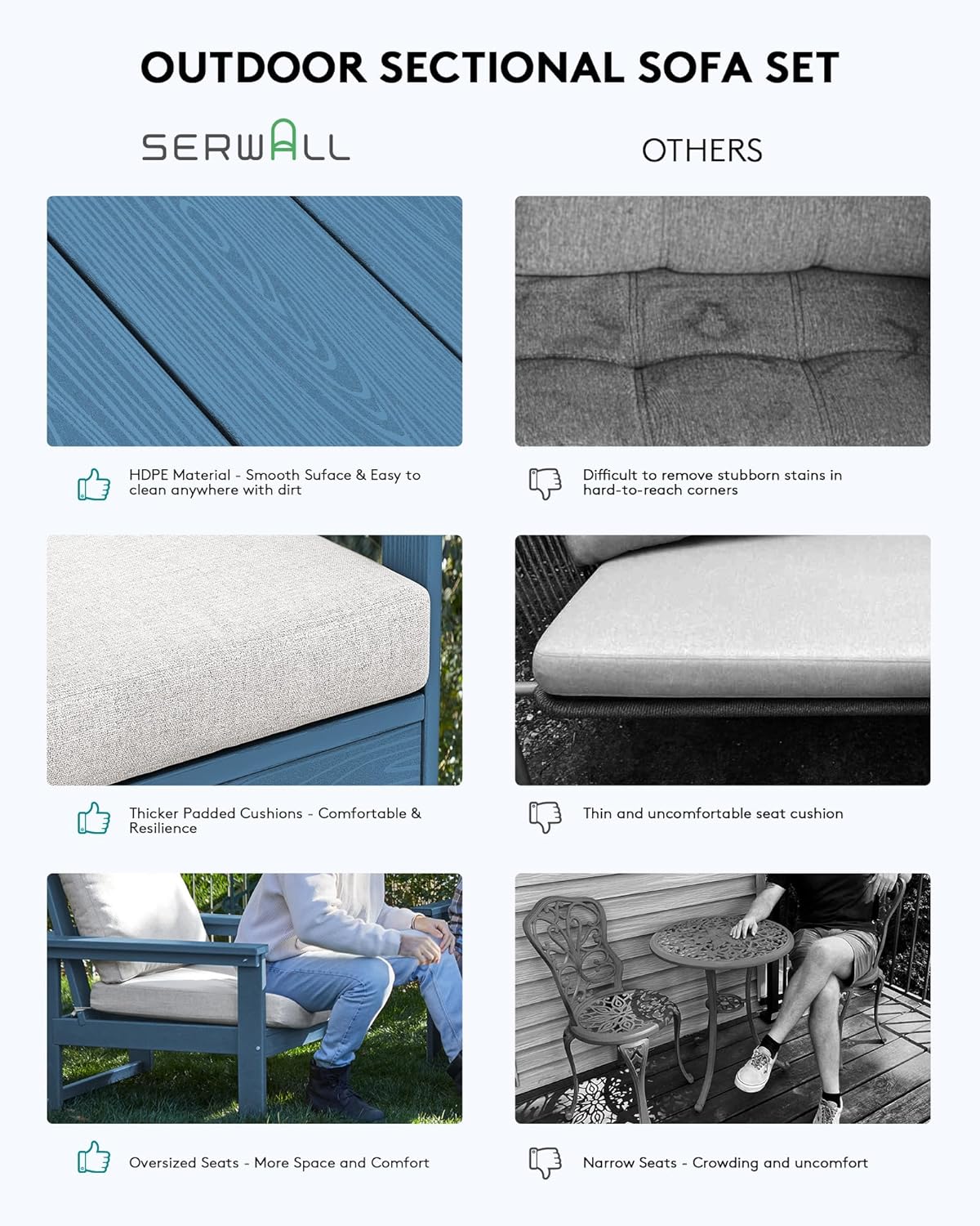 SERWALL HDPE Patio Sofa Set, 3-Piece Sectional Outdoor Furniture Set, All Weather Outdoor Couch Set Patio Furniture Set for Deck, Lawn, Blue Frame with Khaki Cushion