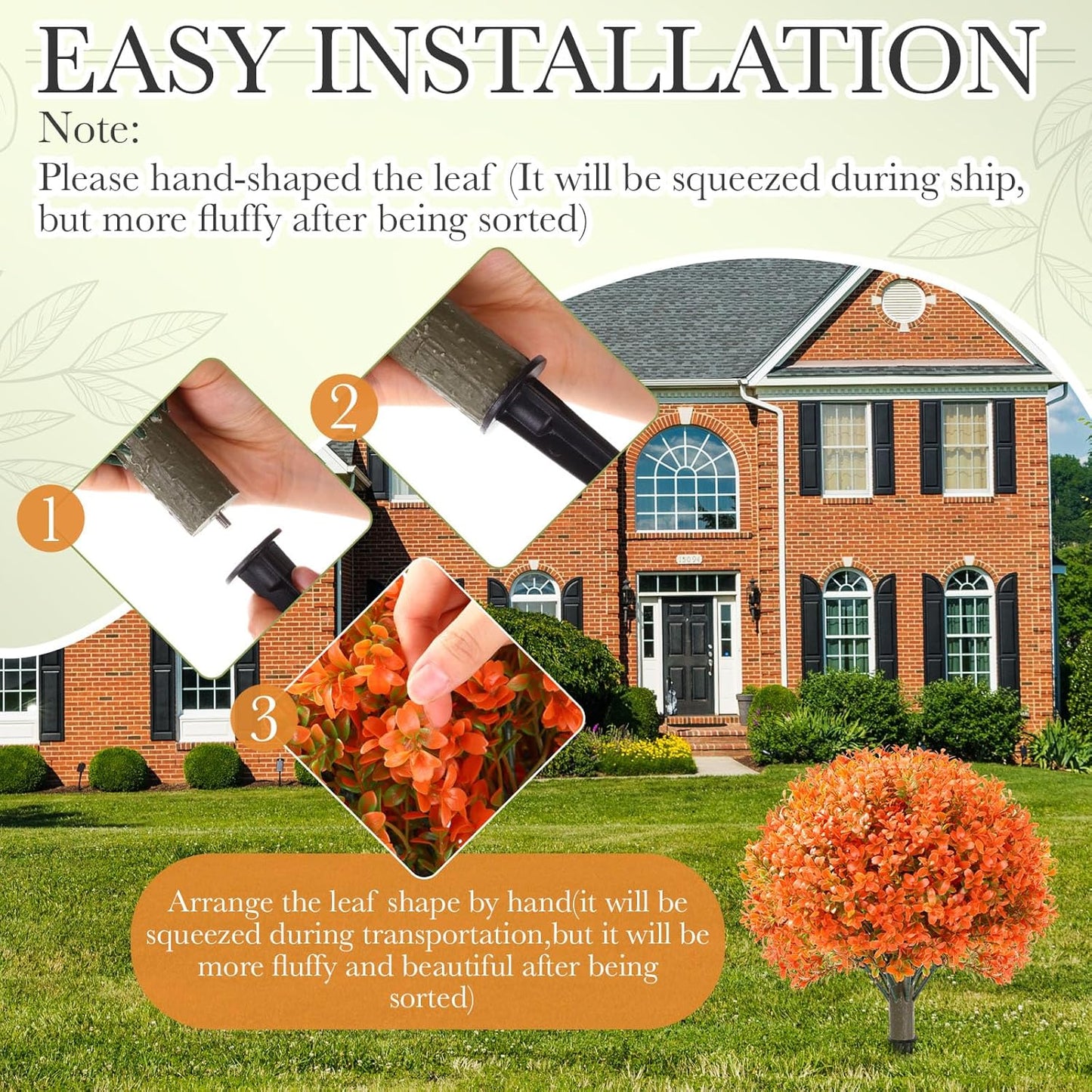 Yunlly 2 Pack 18" Artificial Boxwood Ball Bush Topiary Trees Fake Outdoor Plants, Realistic UV Resistance Faux Shrubs with Spike Greenery Topiary for Front Porch Garden Yard Patio Indoor (Orange)