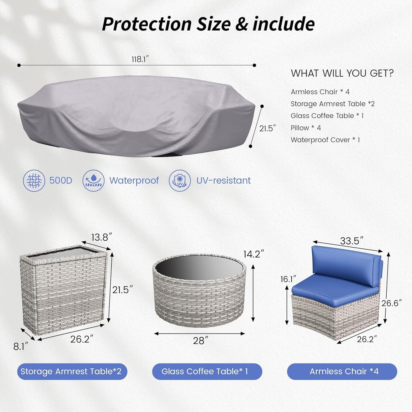 Patio Sectional Furniture Outdoor 7-Piece Grey Rattan Curved Sofa Set with Storage Table, Fit for Pool Backyard Balcony Porch Lawn (Navy)