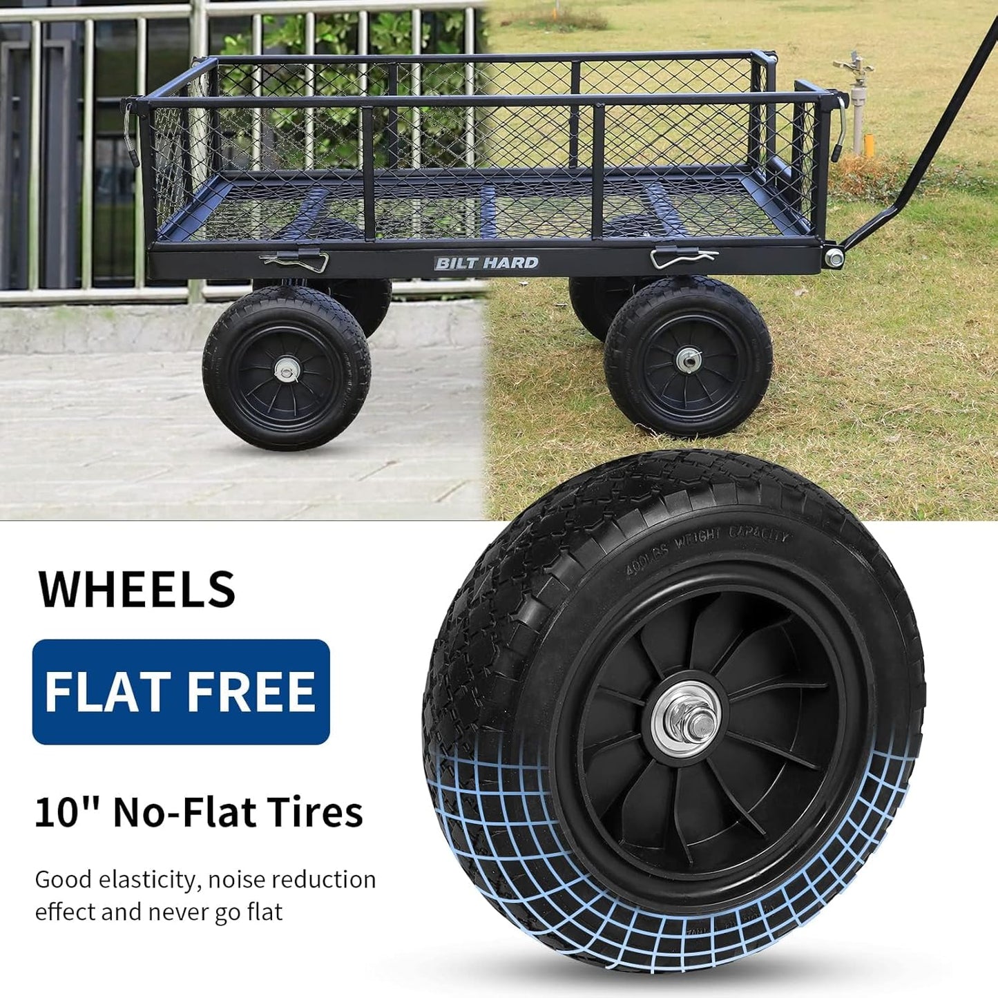 BILT HARD 10" Flat Free Tires Heavy Duty Garden Cart with 180° Rotating Handle and Removable Sides, 4 Cu.Ft 880 lbs Capacity Utility Steel Wagons for Outdoor, Yard