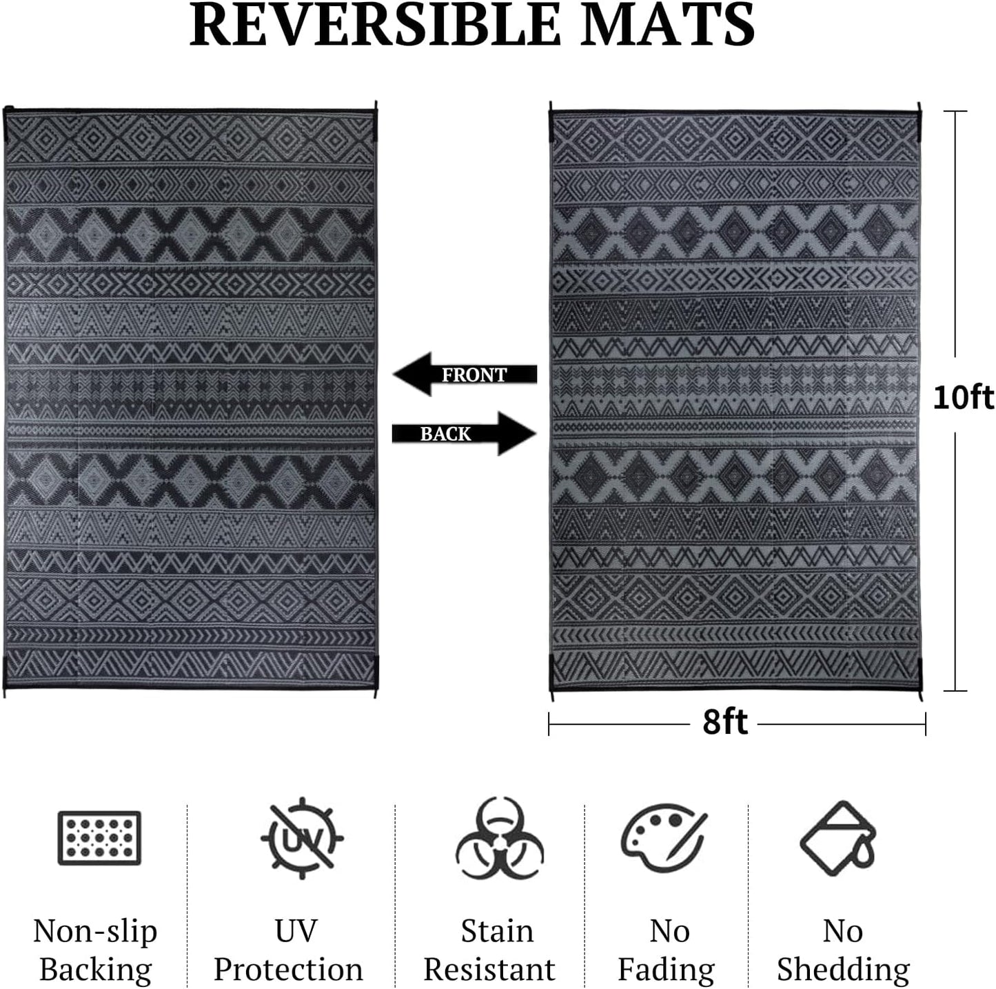 8'x10' Reversible Outdoor Rug - Eco-Friendly Plastic Straw Rug-Heavy-Duty Waterproof Mat, UV & Fade Resistant for Patio, Camping, RV, Deck, Balcony(8x10,Black&Gray)