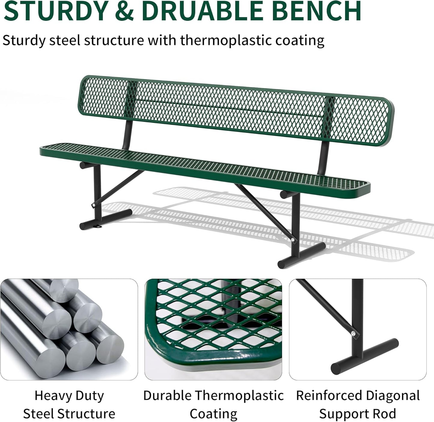 8 Feet Heavy Duty Metal Park Bench for Outside, Outdoor Bench with Backrest & Portable Frame, Commercial Benches for Shopping Malls, Stores, Parks, Patios, Decks, Green
