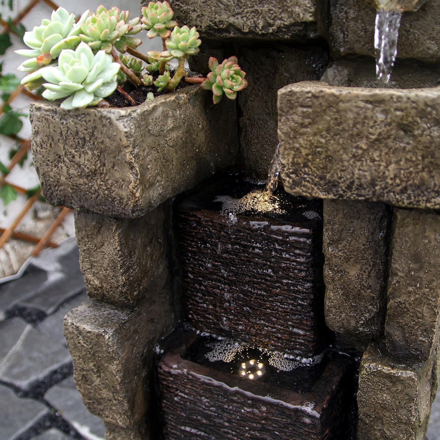 YZM 42.72" H Modern Stacking Bricks Water Fountain Outdoor Cascading Waterfall Fountains with Led Lights for Gardens Landscaping Patios Balconies and Lawns Decor for Outside