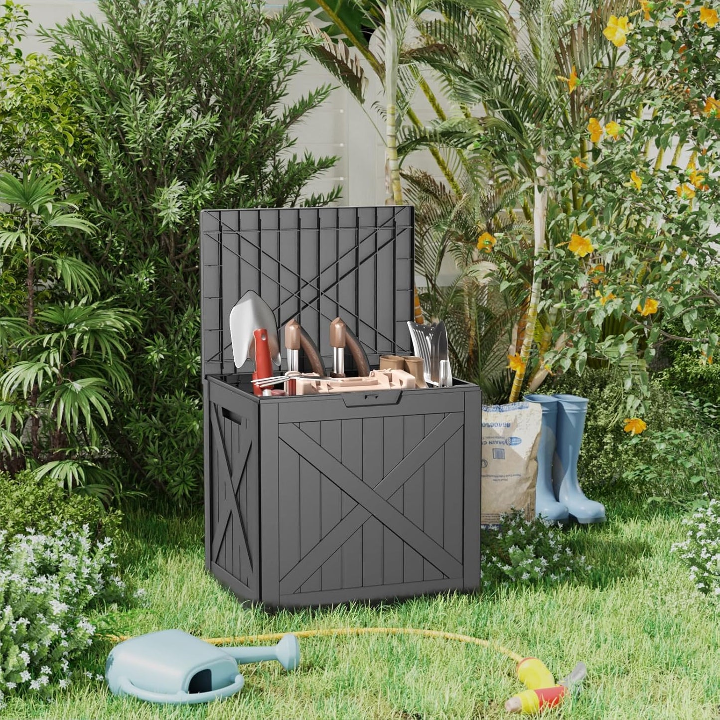32 Gallon Outdoor Deck Box,Storage Lockable Waterproof Patio Furniture,Garden Tools,Cushions,Pool Accessories Outside Storage Resin Box(Black)