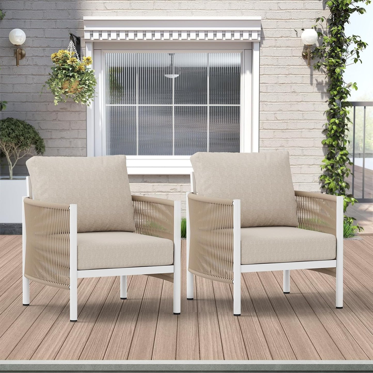 Aluminum Outdoor Sofa Armchair, HDPE Rope Patio Couch with Washable Thick Cushion, All-Weather Outdoor Patio Chairs Set of 2 for Balcony, Yard, White Frame, Ivory