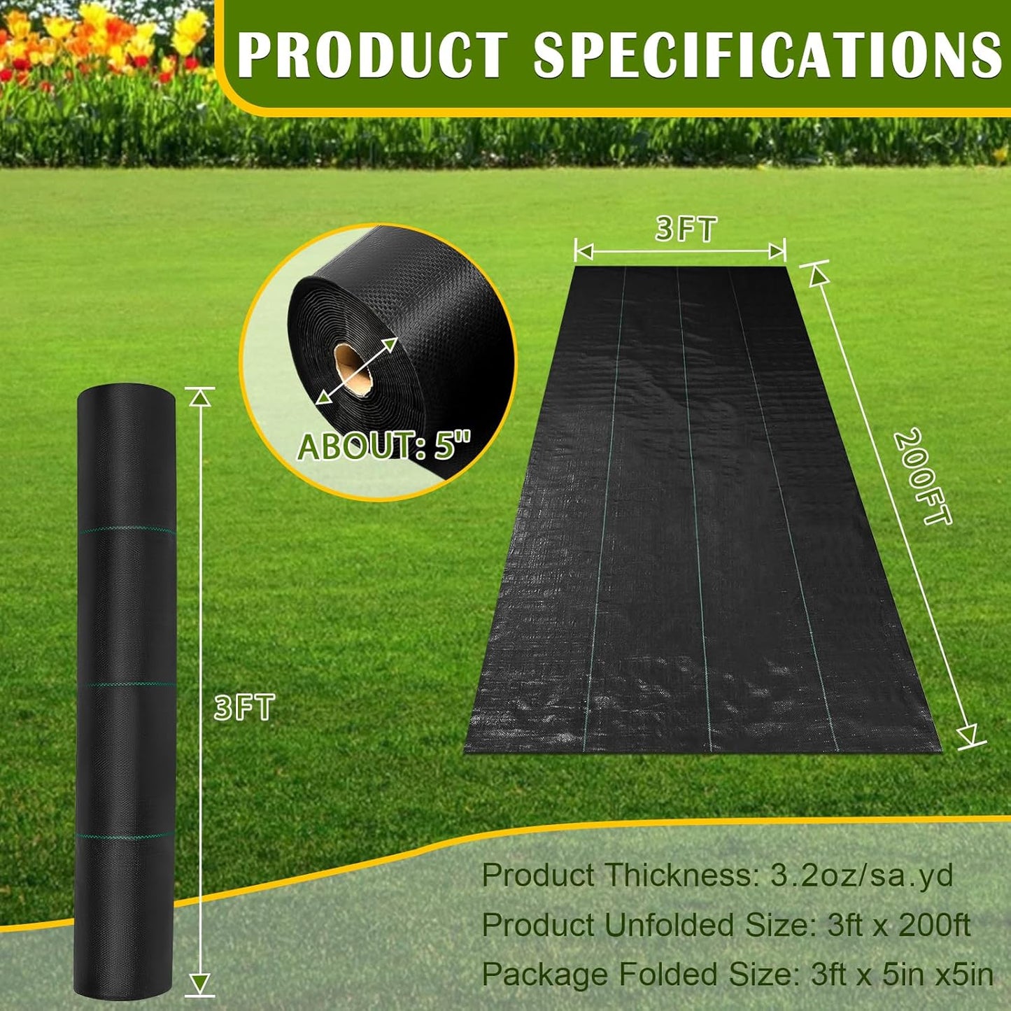 KAKO Weed Barrier Fabric 3Ft x 200Ft, Garden Weed Barrier Fabric, Weed Barrier Landscape Fabric, Garden Fabric Weed Barrier Weed Cloth for Garden Fabric, Landscaping Fabric, Driveway Fabric