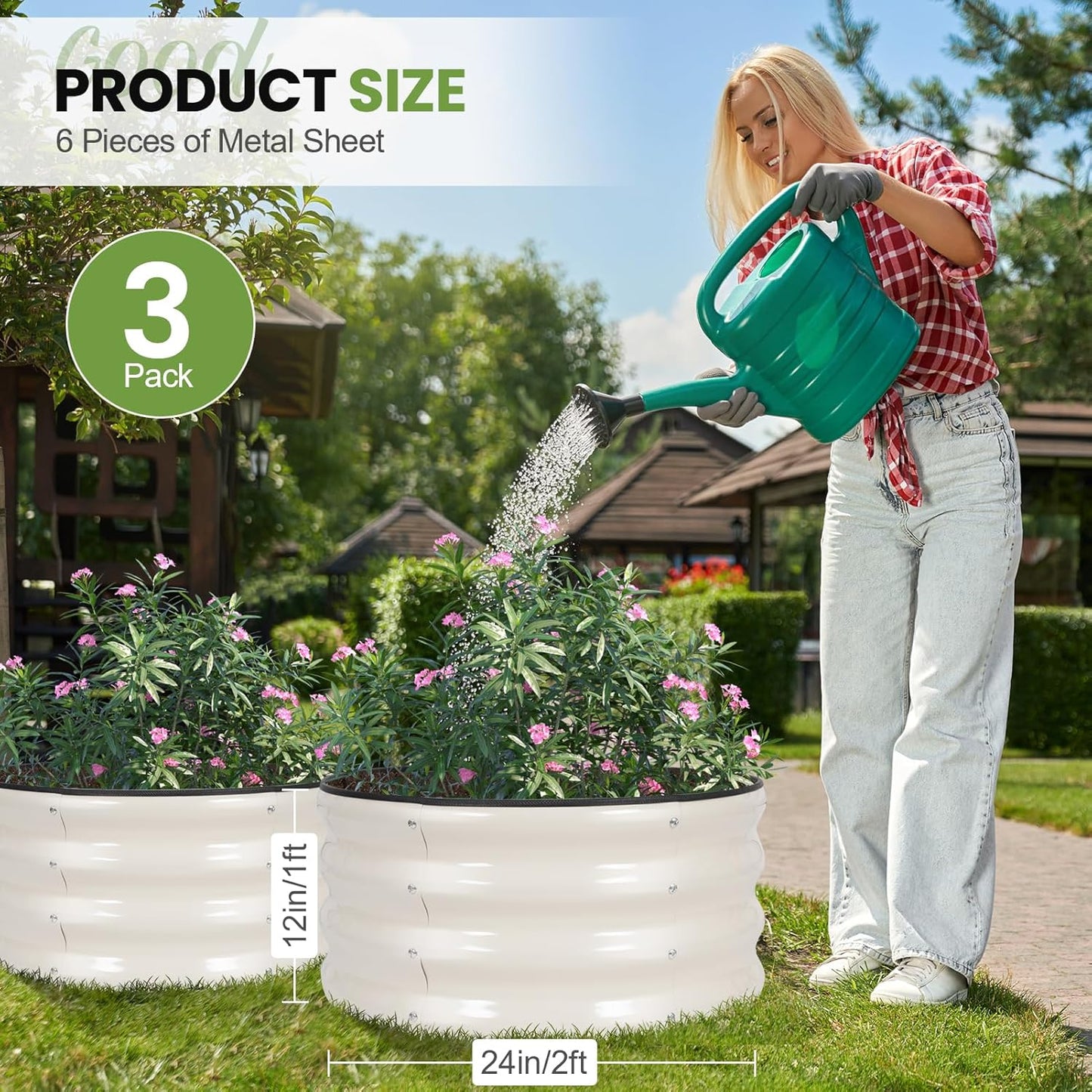 G GOOD GAIN Round Raised Garden Bed - 3Pcs 2x2x1ft Galvanized Steel Planter Boxes Outdoor with Rubber Edge Trim | Metal Raised Beds for Gardening Vegetables Flowers Fruits Herbs (White)