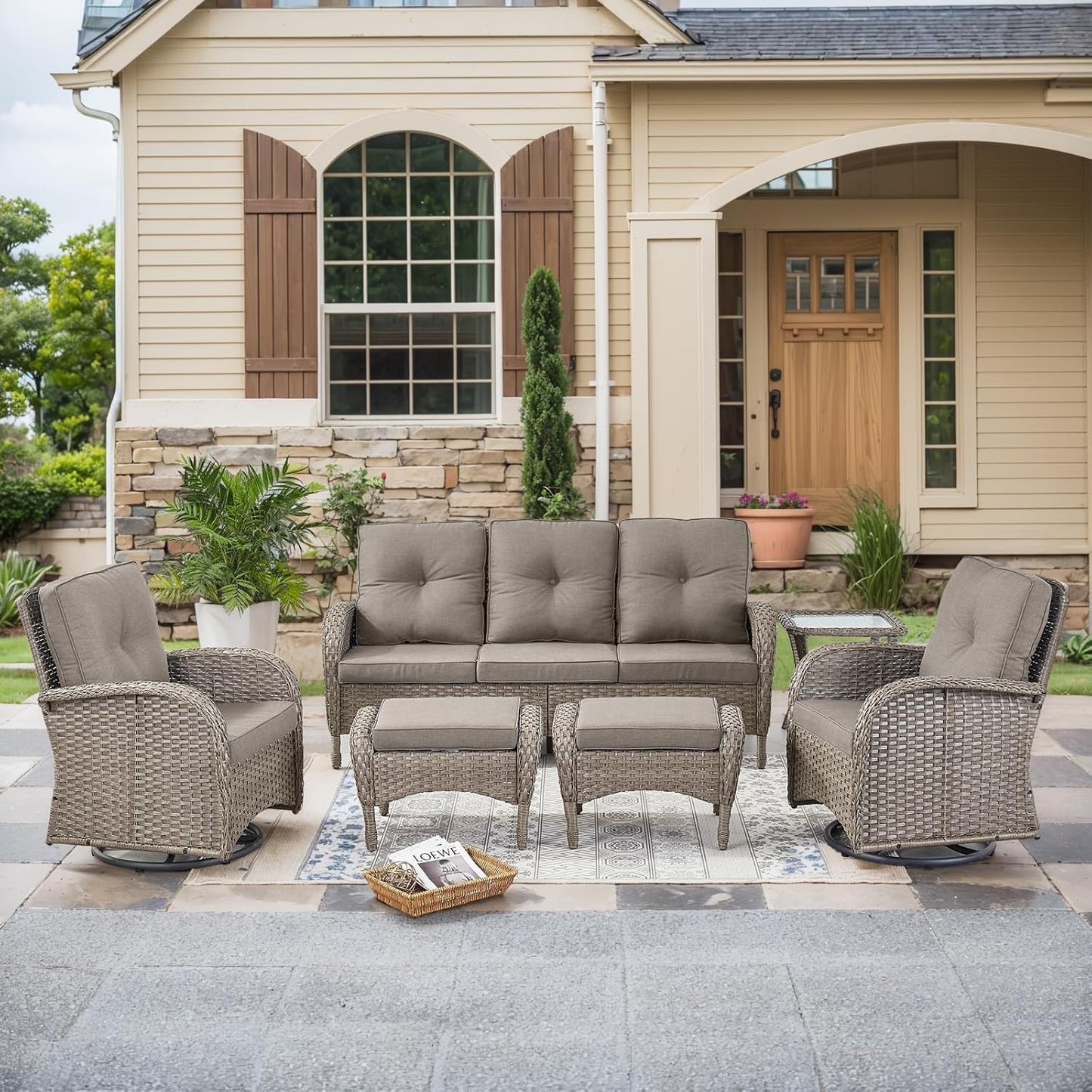 HUMMUH 6 Pieces Outdoor Patio Furniture-PE Rattan Wicker Sofa with Patio Swivel Rocking Chairs Patio Furniture for Deck Lawn Porch Balcony Poolside-Grey/Grey