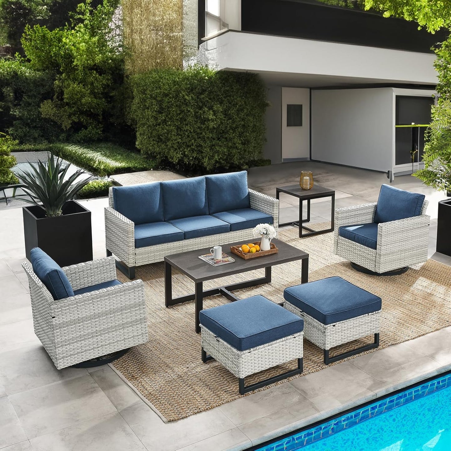 HUMMUH 7 Piece Patio Furniture Set Outdoor Sectional Sofa,High Back Patio Swivel Glider Chairs with Ottomans Coffee Table for Porch,Garden,Backyard…