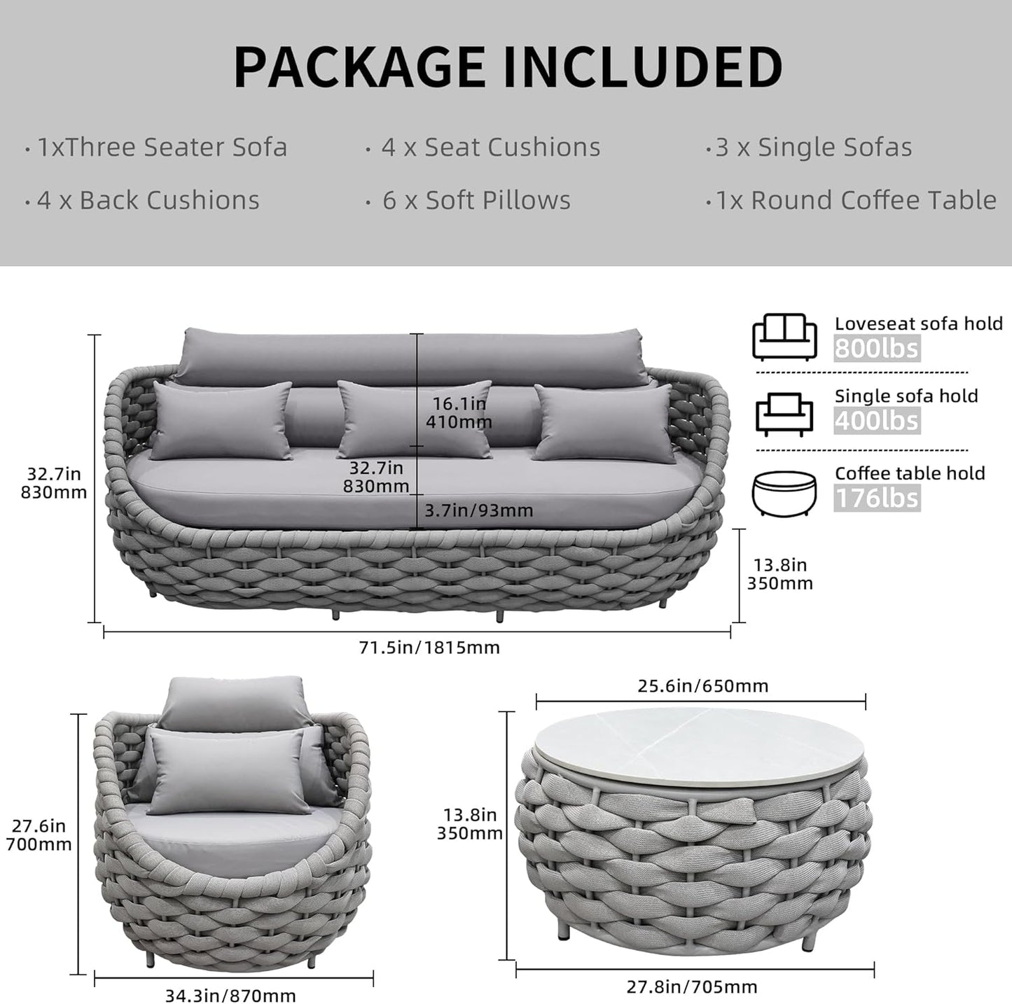 Outdoor Patio Furniture Set-5 Pieces Aluminum Sectional Sofa, Metal Patio Conversation Set with Threeseat & Armchair, Textile Rope and Coffee Table, Light Grey