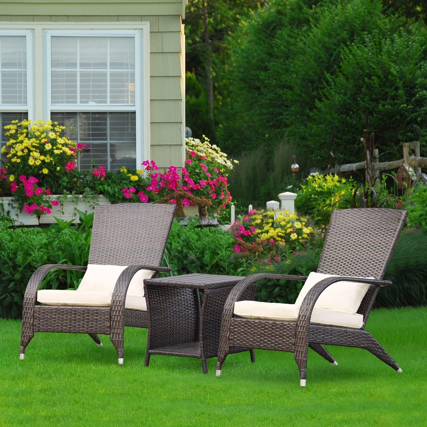 Outdoor Side Table for Patio Small Rattan Wicker Coffee Table Balcony Table Outside End Table with Poly Lumber Table Top & Storage Bistro Table for Garden Porch Deck Living Room Backyard Brown
