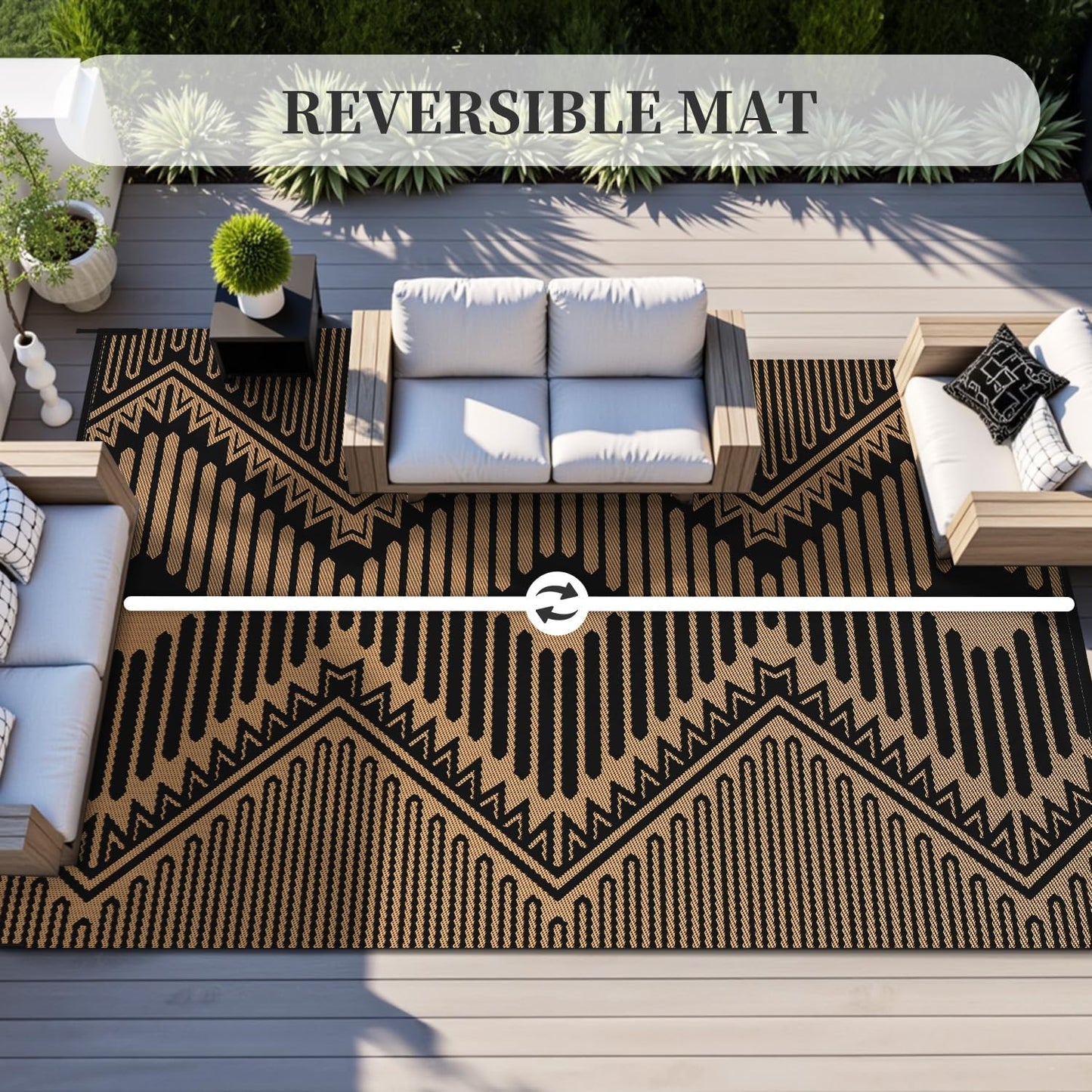 MontVoo Outdoor Rug-Waterproof Camping Rug Patio Rug Mat 6x9 Reversible Plastic Straw Outside Outdoor Rug for RV Camping Picnic Balcony Backyard Pool Deck Porch Modern Boho Black Brown