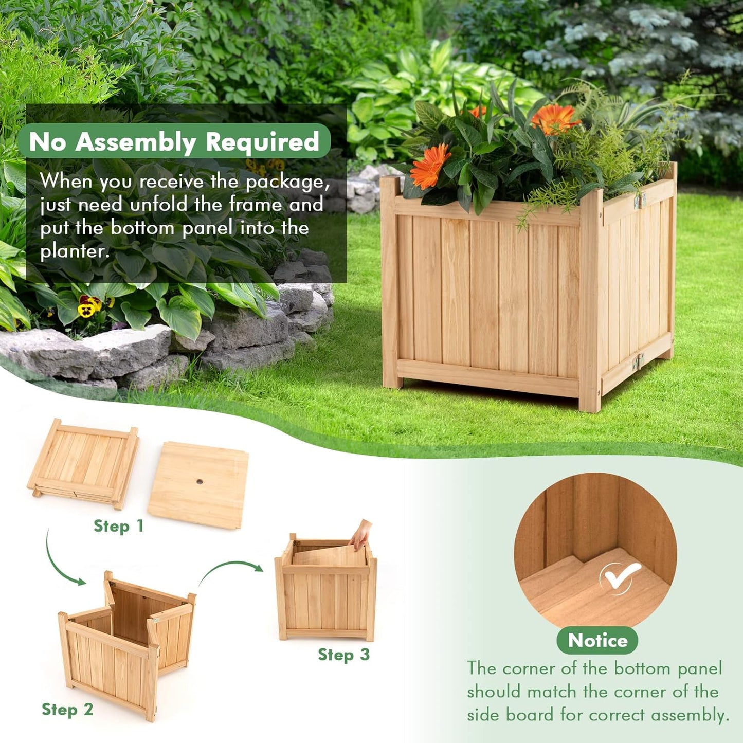 S AFSTAR Outdoor Wooden Planter Box, Folding Raised Garden Bed W/Drainage Hole, Patio Square Plant Container for Flowers, Vegetables, Fruits, Herbs, Collapsible Planting Box for Yard, 15" x 15" x 14"