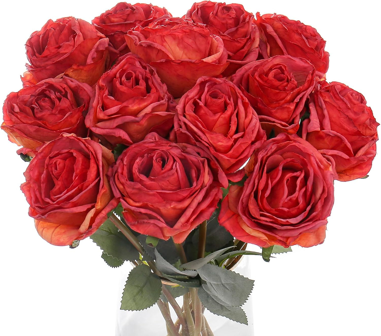 Kimura's Cabin 12pcs Lifelike Faux Silk Roses Flowers Vintage Artificial Rose with Stem Bouquet Fake Roses Dried Flower for Valentines Home Table Centerpiece Wedding Party DIY Decoration(Orange red)