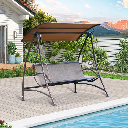 Domi Porch Patio Swing with Adjustable Canopy, 3-seat Swing with Stand, Outdoor Swings w/Armrests, Weather Resistant Steel Frame and Textilene Fabric Dark Brown