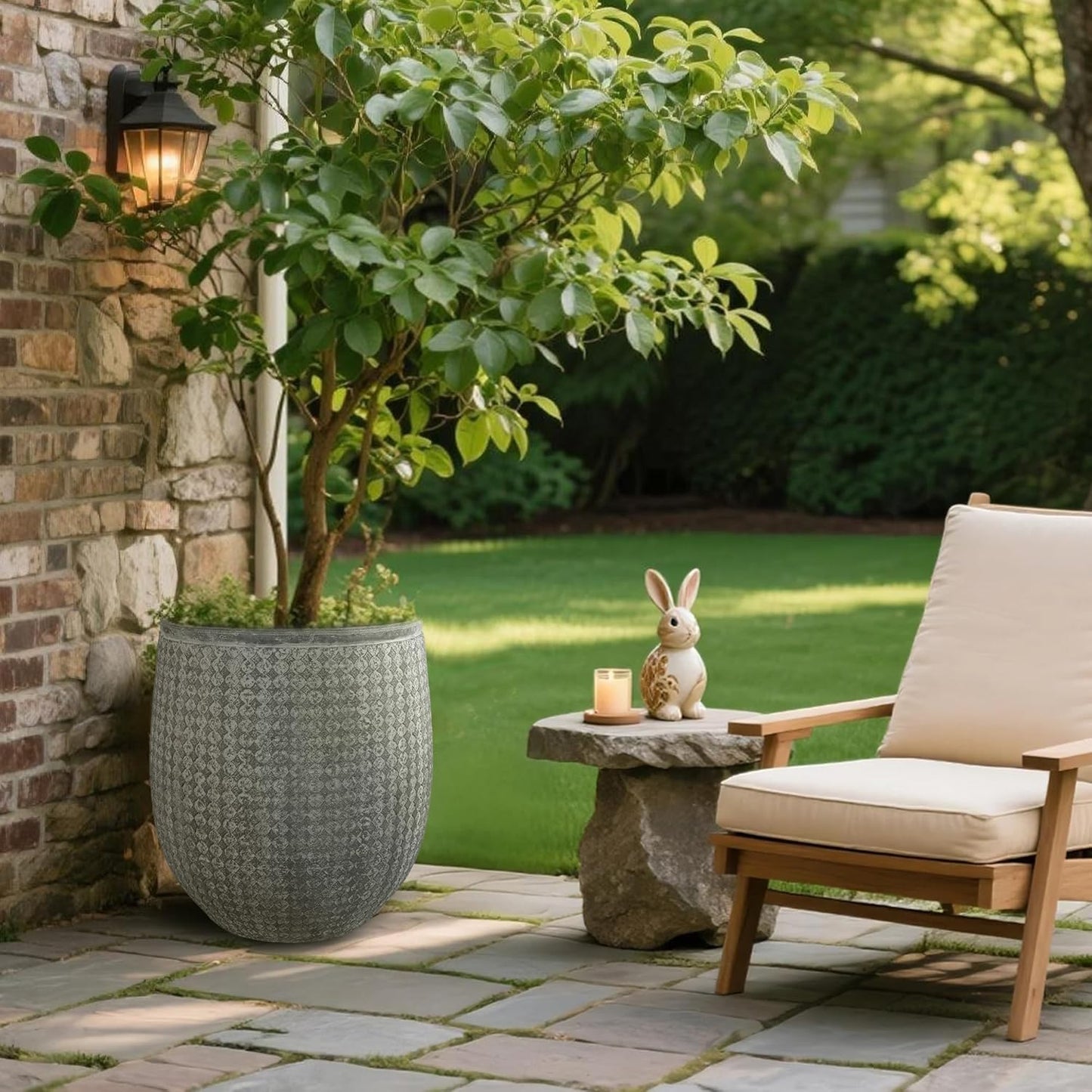 Worth Garden 12" Dia x 15" H Grey Round Planter – Lightweight Magnesium Oxide Cement Plant Pot with Texture – Raised Pattern Concrete Look – Drainage Hole – Indoor & Outdoor Use