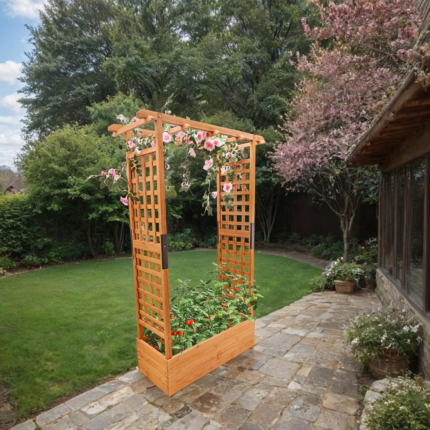 Raised Garden Bed with Wood Trellis Set of 2 Outdoor Planter Box for Tomatoes Climbing Vegetables Herbs Flowers Patio Pots Tall Hanging Roof 2 Drainage Holes Orange, 42.5" L x 17.3" W x 66.1" H