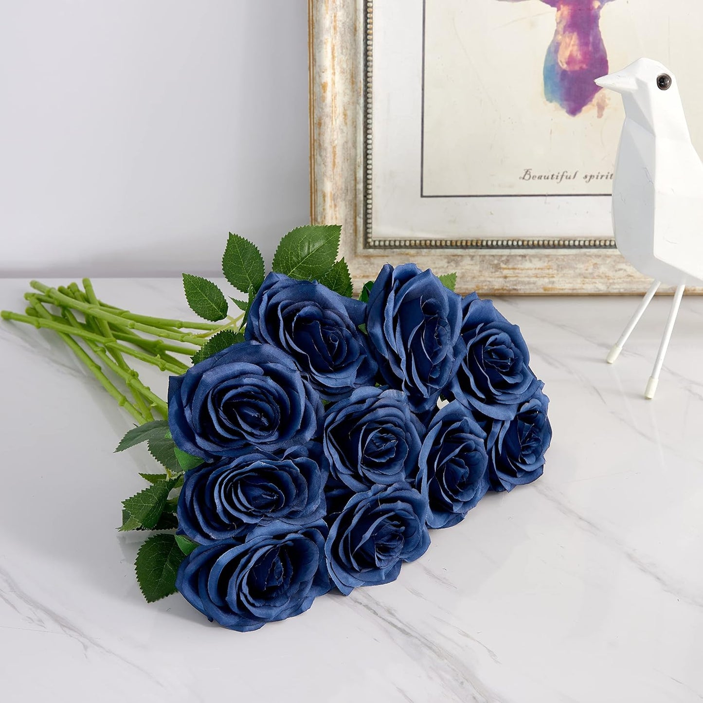 Artificial Rose 10pcs Open Flower Bouquet Navy Blue Faux Rose Stems for Wedding Arrangement, Bridal Bouquet, Centerpiece, Fake Faux Silk Flowers