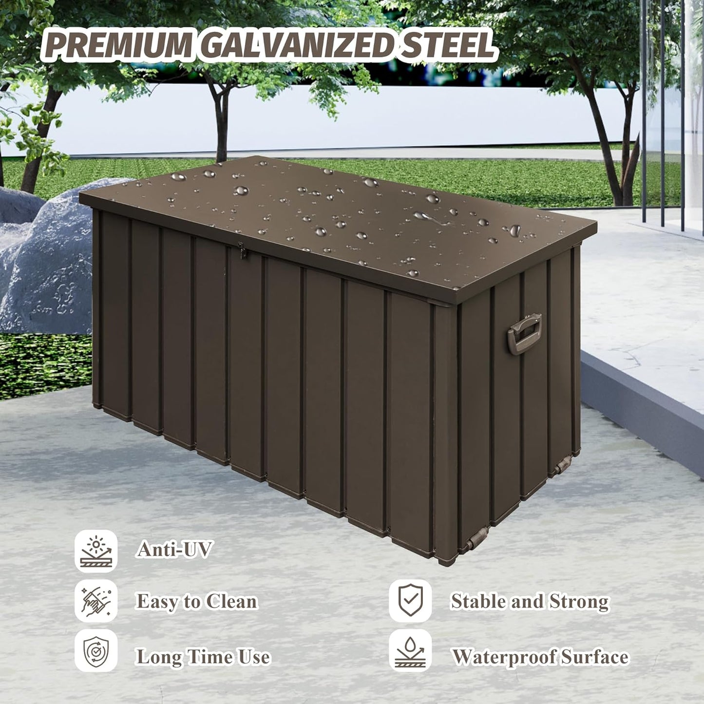 Domi Deck Box 190 Gallon, Waterproof Lockable Steel Outdoor Storage Container for Outside Cushions, Garden Tools and Pools Equipment, Brown