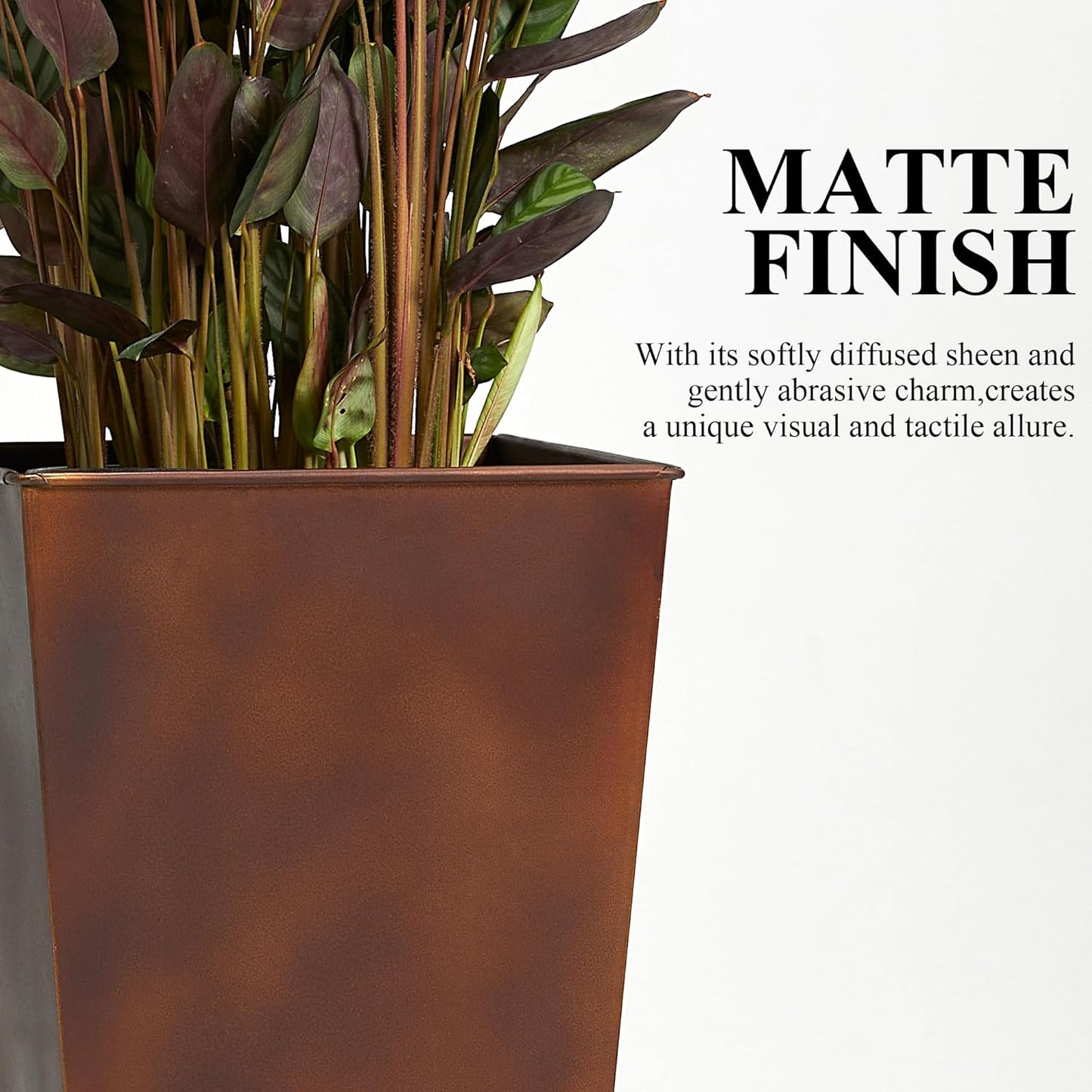 Worth Garden 12" Dia x 28" H Large Metal Planter Set of 2, Matte Bronze Retro Finish Tall Square Tapered Steel Plant Pots, Decor Flower Pots Indoor & Outdoor, Drainage Hole & Dual-Purpose Plant Saucer