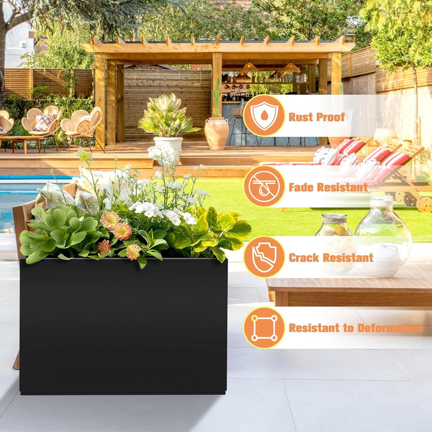 Rectangle Planter for Indoor & Outdoor, Tall and Long Planter Boxes with Drainage Holes, Mental Divider Planter Box All-Weather Use for Plants, Flowers, 35" L x 9" W x 26" H, Black