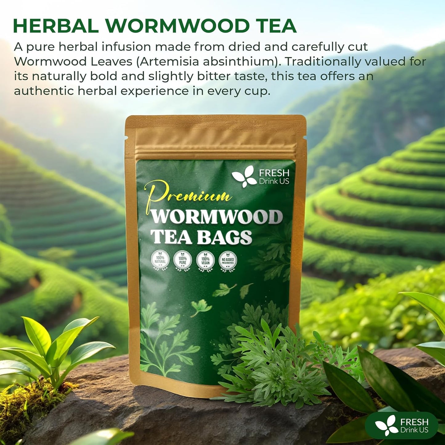 FreshDrinkUS, Premium Wormwood Tea - 75 Tea Bags - Handcrafted Herbal Blend, Caffeine-Free – Smooth Taste & Naturally Refreshing.