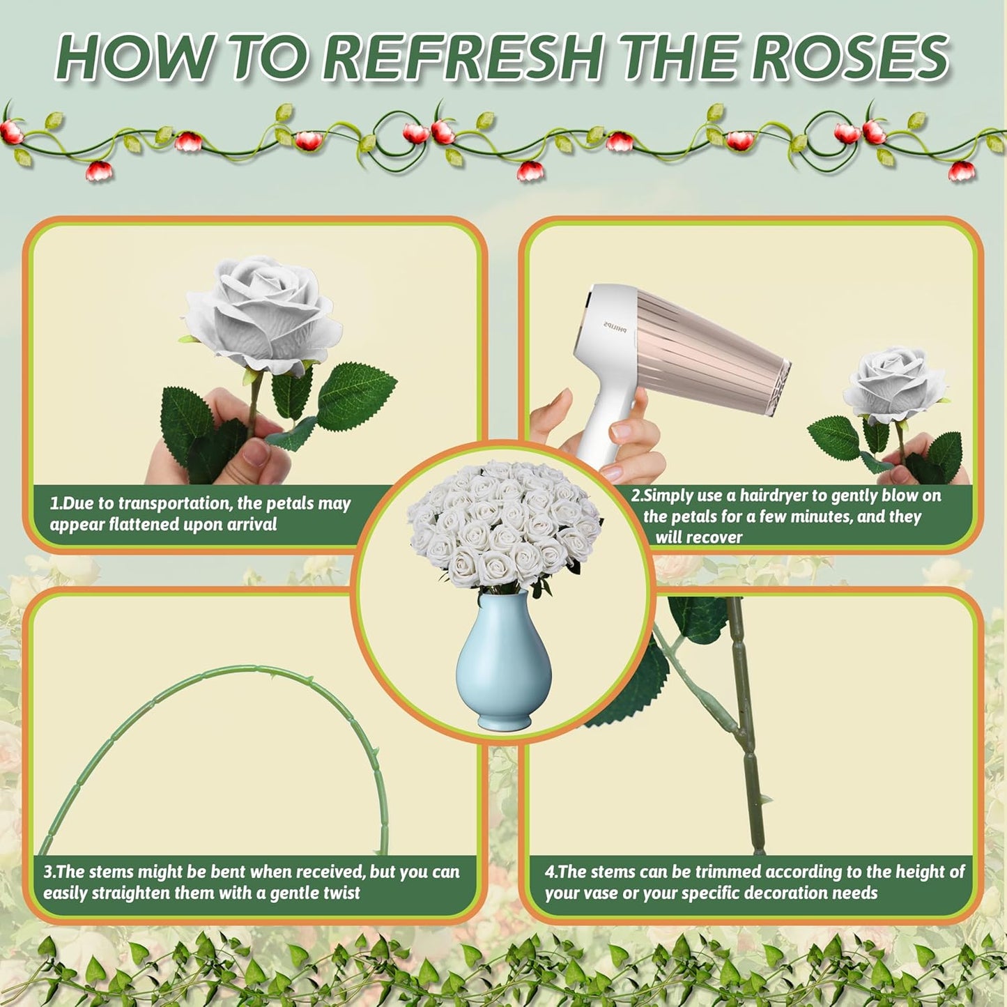 50 PCS Fake White Roses, Artificial White Flowers Bulk Realistic Silk Faux Roses with Stems for Wedding Decorations Table Centerpieces Bridal Bouquet DIY Floral Arrangement Event Party Home Decor