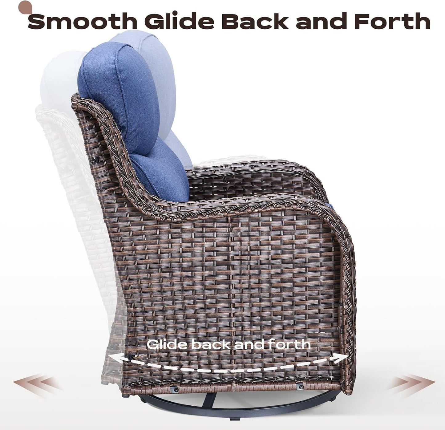 Wicker Outdoor Patio Furniture Set - 6 Piece Patio Conversation Sets with Swivel Rocker Chairs, Ottomans, Sofa and Coffee Table, 6 inch Cushions, Deep Seating, for Porch Deck Brown/Blue