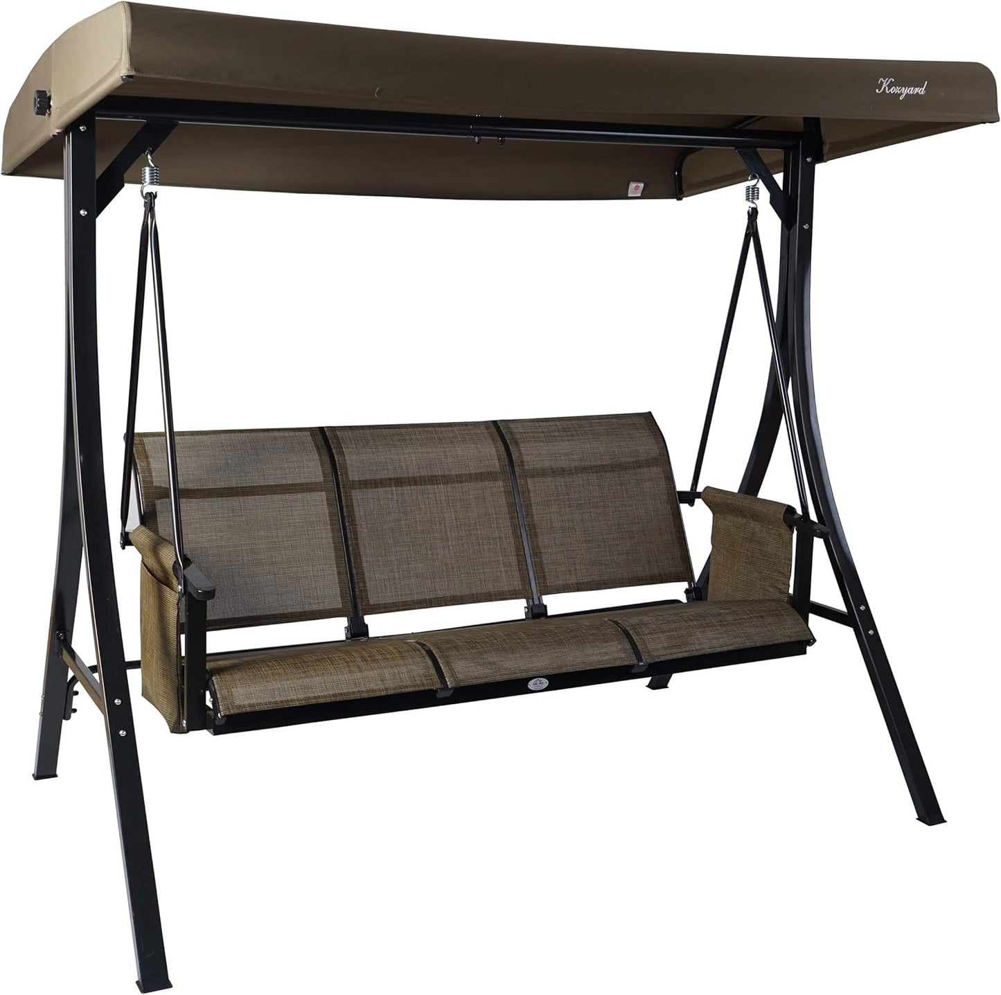 Kozyard Brenda 3-Seat Patio Swing Chair, Outdoor Porch Swing Glider with Adjustable Canopy, Side Pouches, Breathable Seat and Back, for Garden, Poolside, Backyard (Taupe)