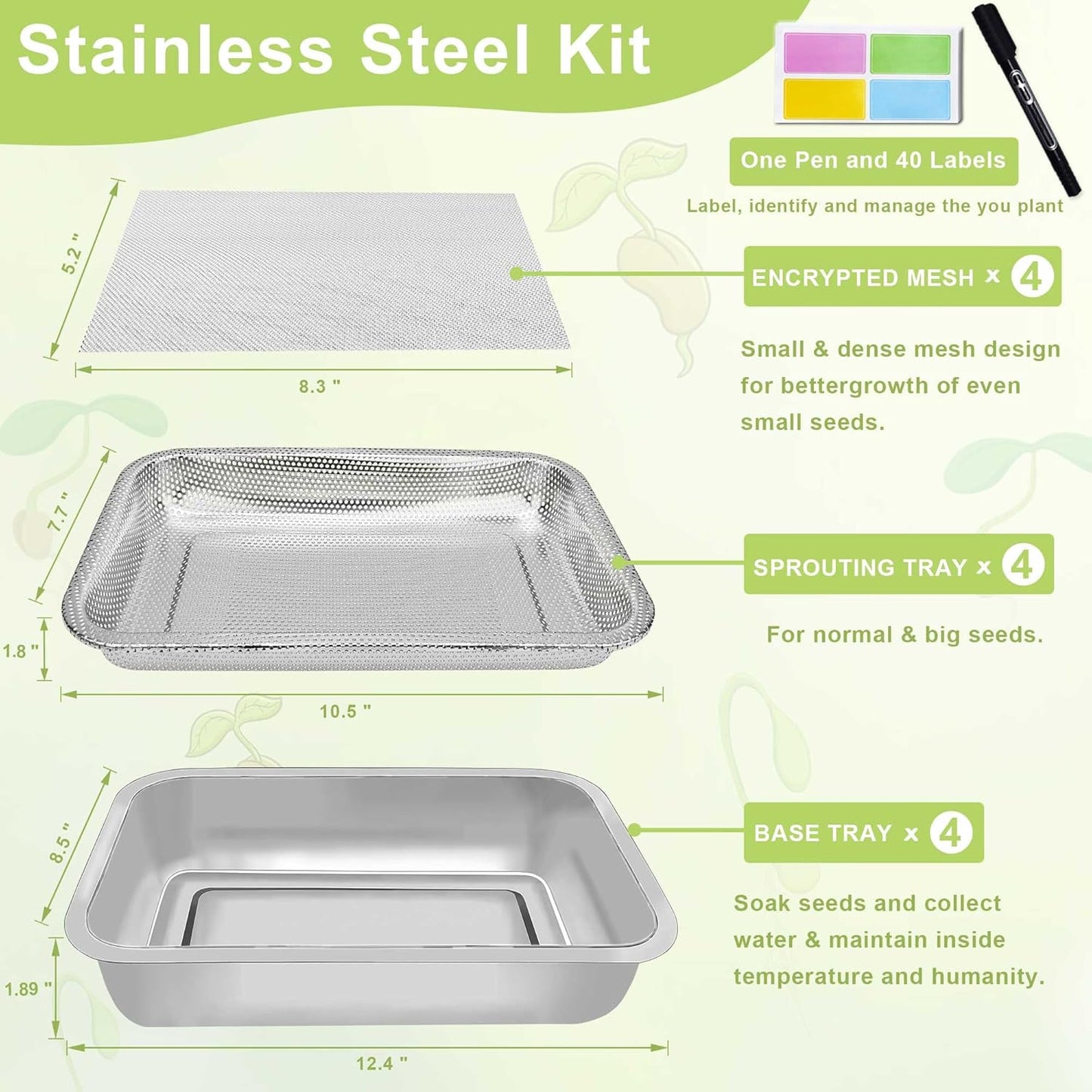 Stainless Steel Sprouts Growing Kit 4-Tier 10.4 inch Trays, Microgreens Growing Kit, Seed Sprouting Tray with Encrypted Mesh Sprouts for Beans Alfalfa Broccoli Wheat Grass