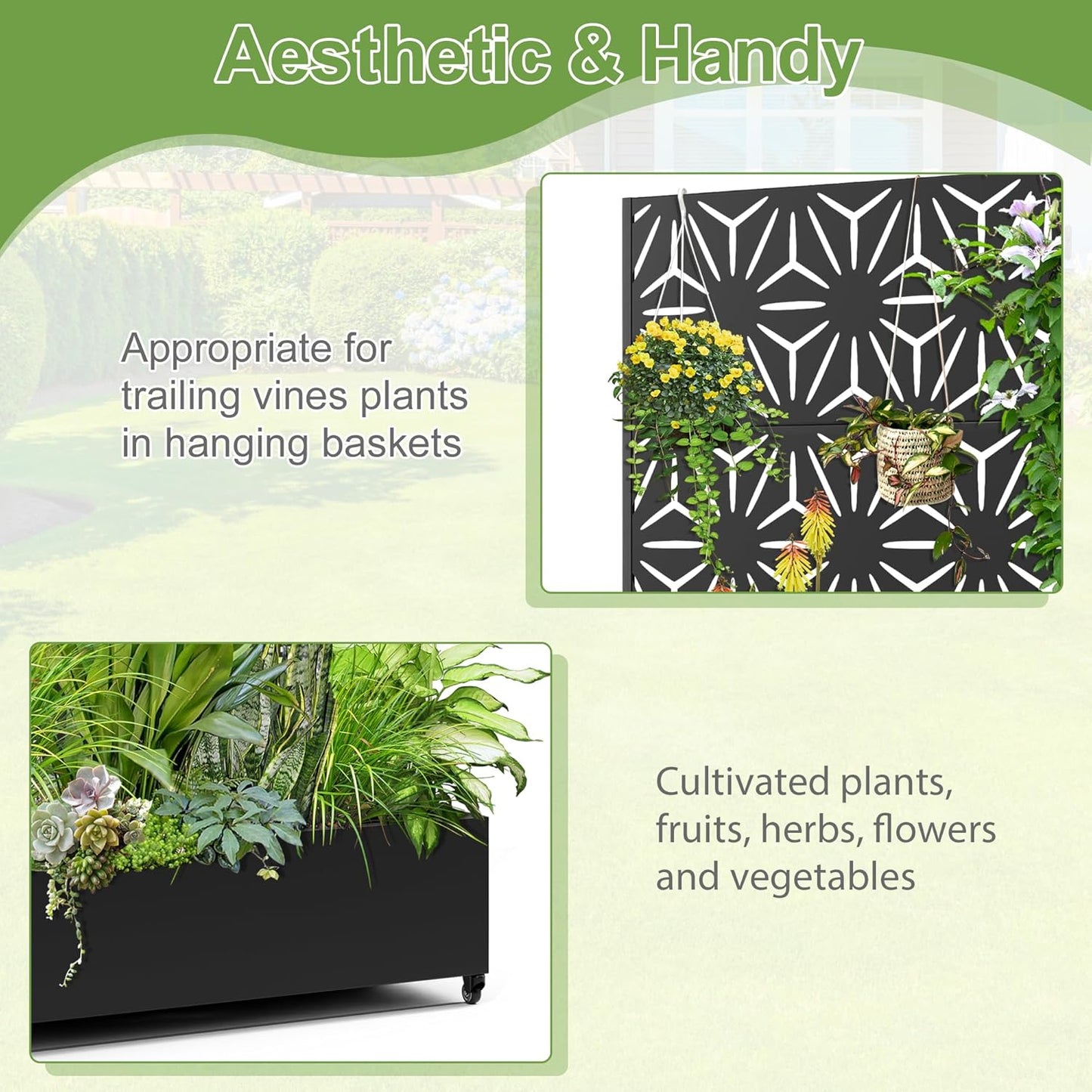 Raised Garden Bed with Trellis and Wheels,73"x47"x16" Metal Raised Garden Bed,Black Star Metal Planter with Climbing Trellis for Vines & Vegetables