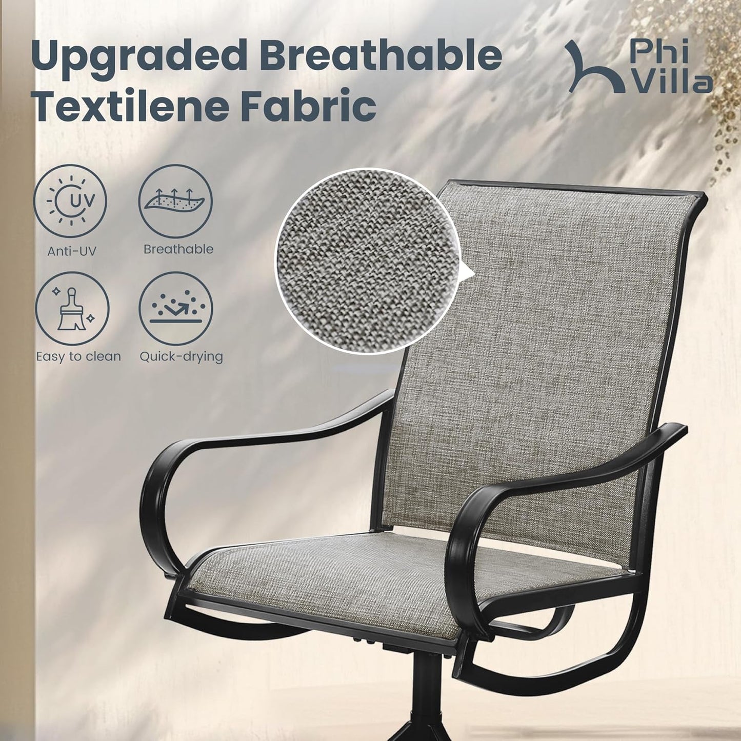 PHI VILLA Patio Swivel Dining Chairs Set of 8, Outdoor Metal Chair with Textilene Mesh Fabric, Gentle Rocker Chair, Black Frame for Deck Lawn Garden