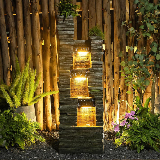 47 in High Water Fountain Outdoor Garden 3 Tier Cascading Large Outdoor Fountains and Waterfalls with LED Lights for Garden, Patio, Backyard, Deck, Porch and Home Art Decor, Natural Stones