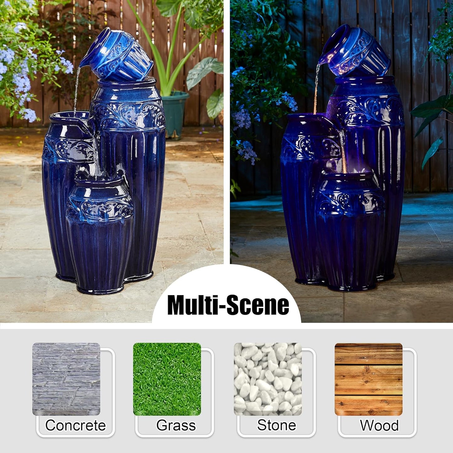 Glitzhome 35.5" H Oversized Outdoor Water Fountain with LED Lights and Pump, 4 Tier Cobalt Blue Embossed Pattern Ceramic Pots Cascading Floor Standing Fountain for Porch Deck Garden Patio Backyard