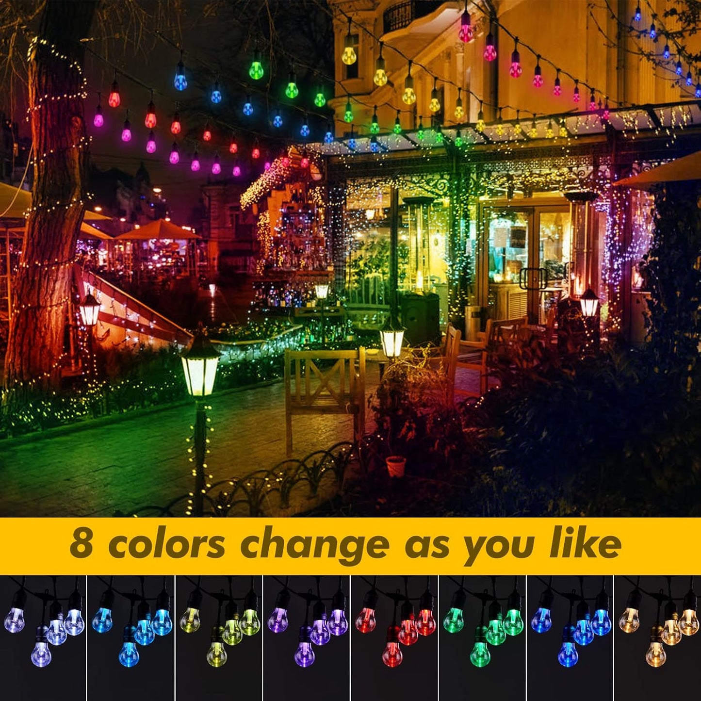 Auroraworld Outdoor String Lights RGB, 96FT Dimmable Patio String Lights with Shatterproof Edison Bulbs, Remote, Commercial Lights for Cafe,Yard, Party