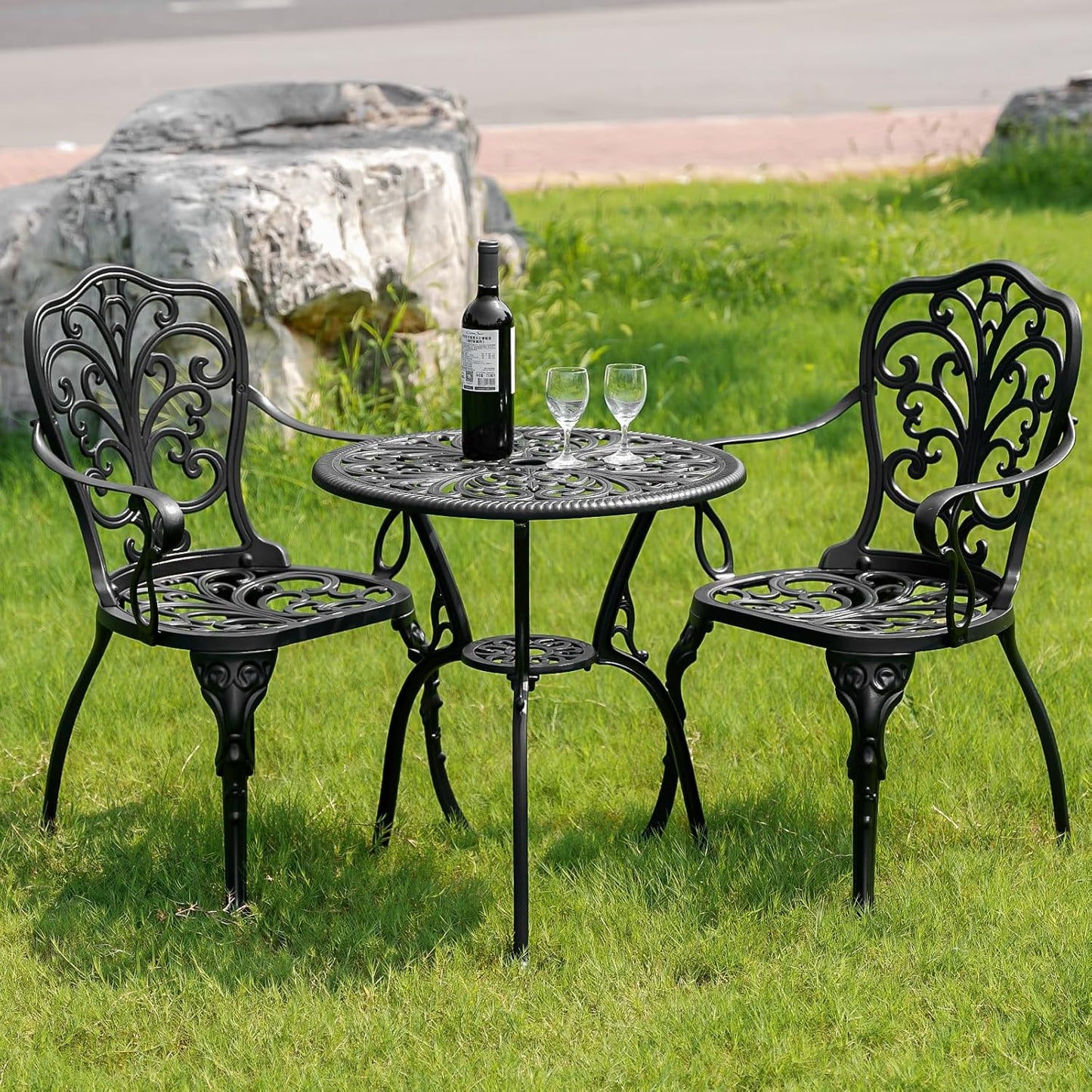 3 Piece Patio Bistro Set, Cast Aluminum Bistro Table and Chairs Set of 2 with 1.97" Umbrella Hole, All Weather Bistro Table Set Outdoor Patio Furniture for Garden, Backyard, Pool