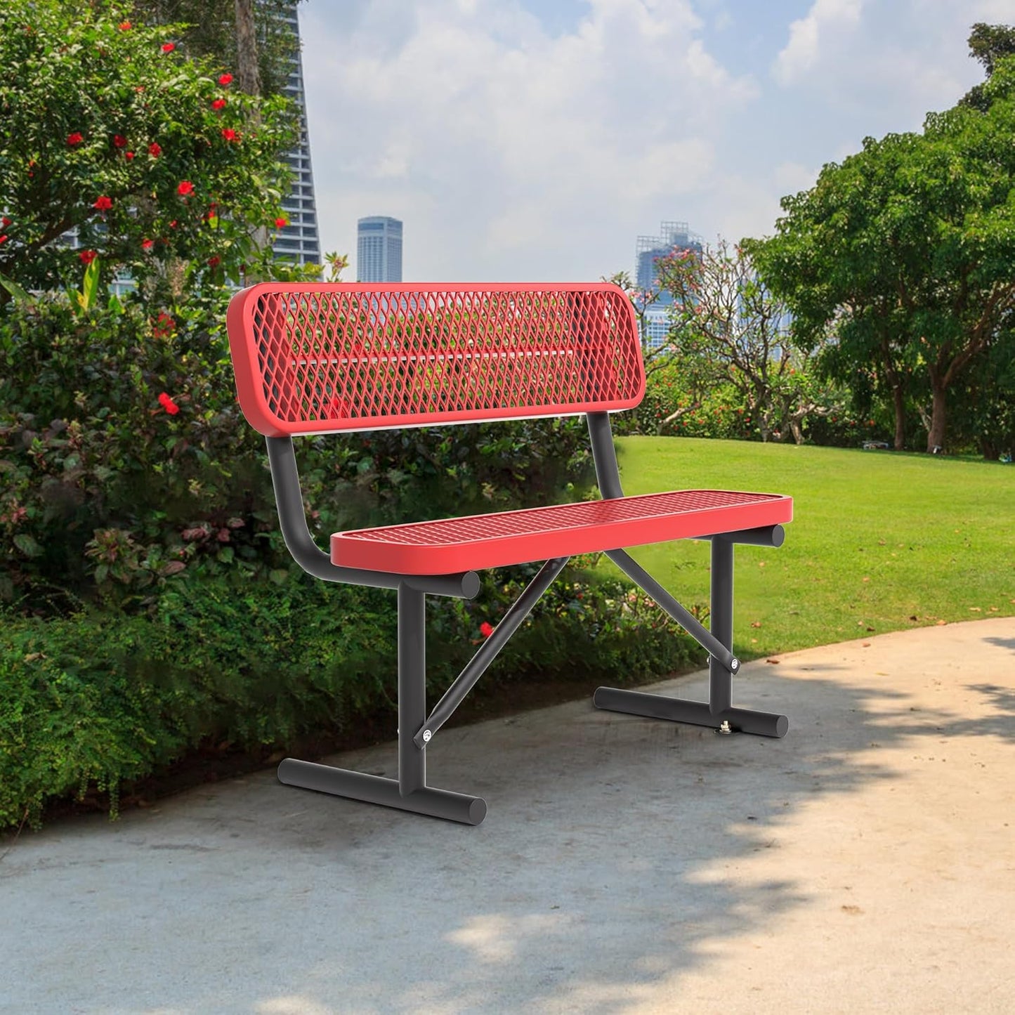 4FT Park Bench for Outside, Heavy-Duty Garden Bench W/ Back, Red Outdoor Metal Bench for Sitting Area, Commercial Bench for School Patio Porch Backyard Sports Church Locker Room Shopping Centers