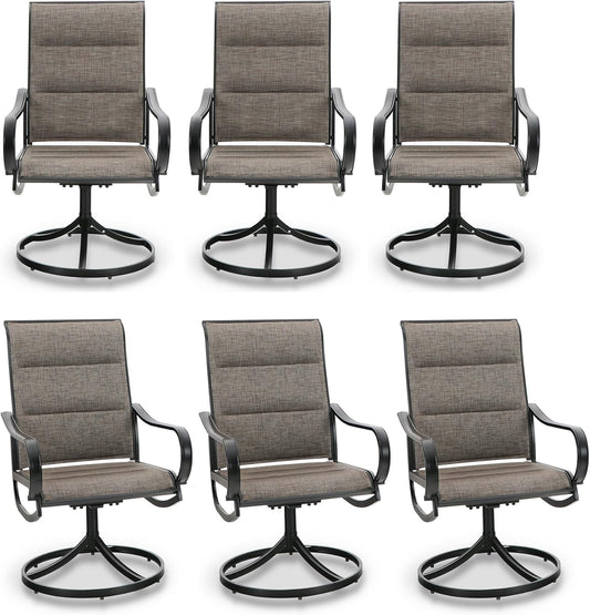PHI VILLA Outdoor Swivel Patio Dining Chairs Set of 6, All Weather Patio Chair with Padded Textilene & Metal Frame for Outdoor Poolside Lawn Garden, Brown