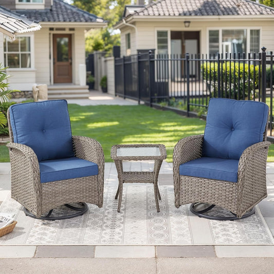 HUMMUH 3 Piece Outdoor Rocking Chairs Bistro Set-All Weather Wicker Outdoor Swivel Chairs Set of 2 with Side Table Small Patio Furniture Set for Deck Lawn Porch Balcony Poolside-Grey/Blue