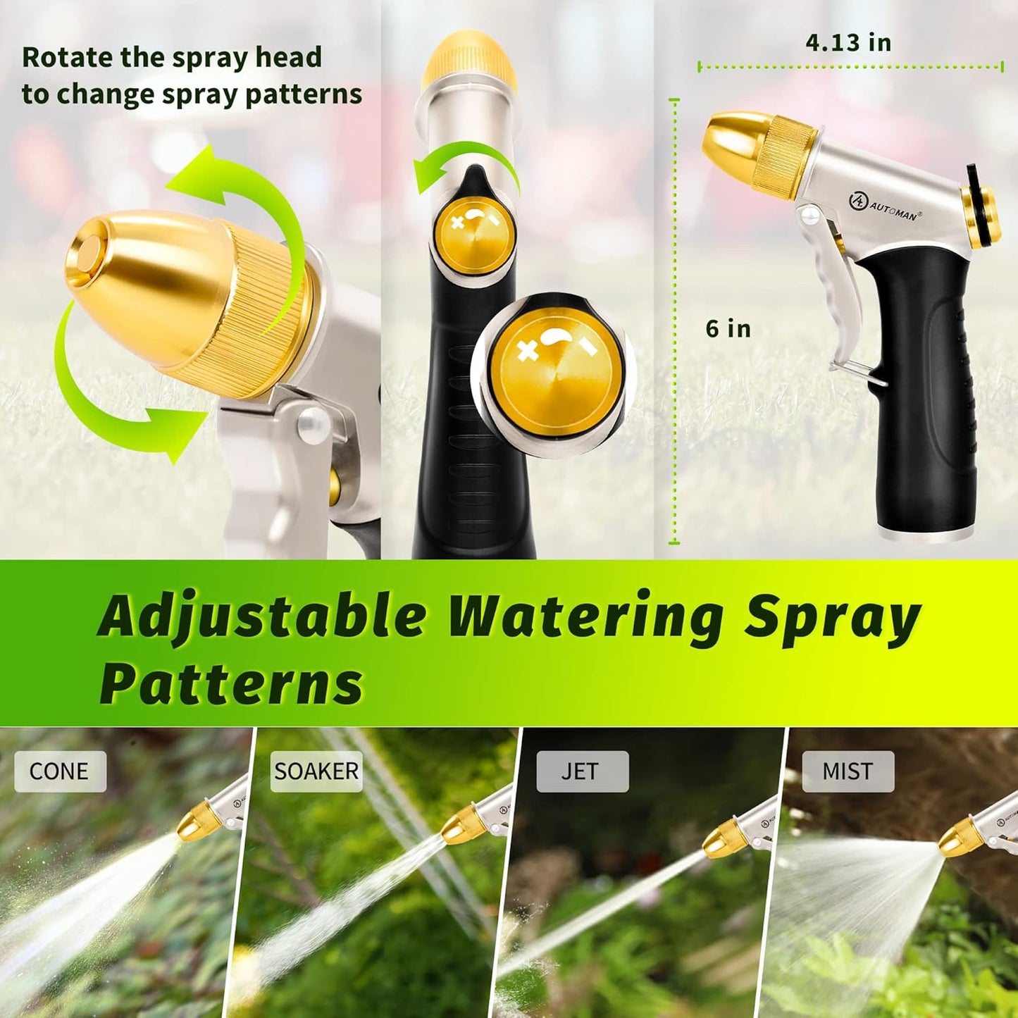 AUTOMAN Metal Hose Nozzle, High Pressure Garden Hose Sprayer, 100% Metal Water Hose Nozzle, Adjustable Watering Nozzle, Heavy Duty Garden Nozzle for Watering Plants & Lawns, Washing Cars & Pets