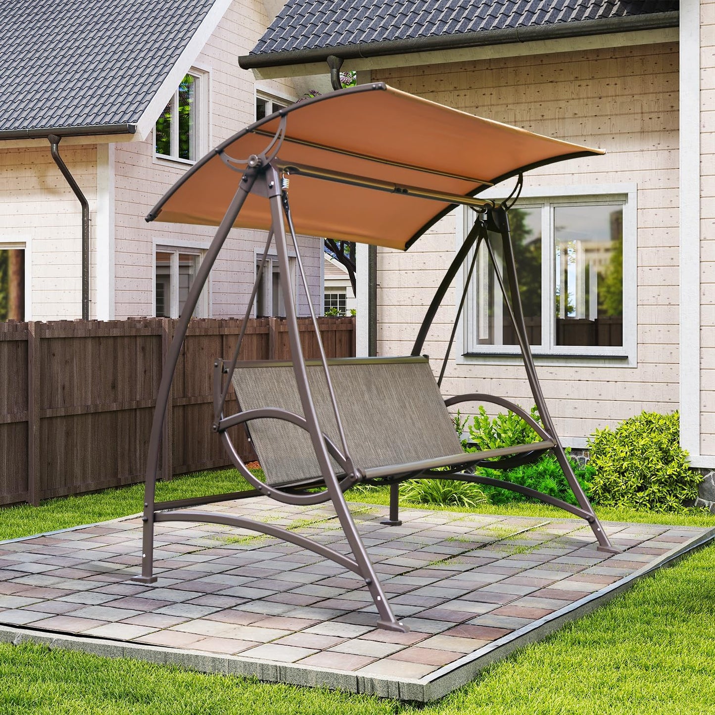 Domi Porch Patio Swing with Adjustable Canopy, 3-seat Swing with Stand, Outdoor Swings w/Armrests, Weather Resistant Steel Frame and Textilene Fabric Dark Brown