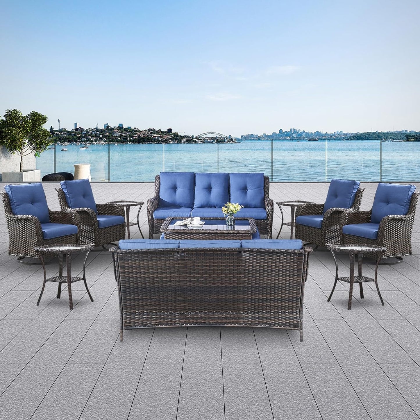 Wicker Patio Furniture Sets - 13 Piece Outdoor Rattan Furniture Conversation Sets with 4 Swivel Rocker Chairs, 2 Rattan Sofas, Wicker Ottomans and Coffee Table, Brown/Blue