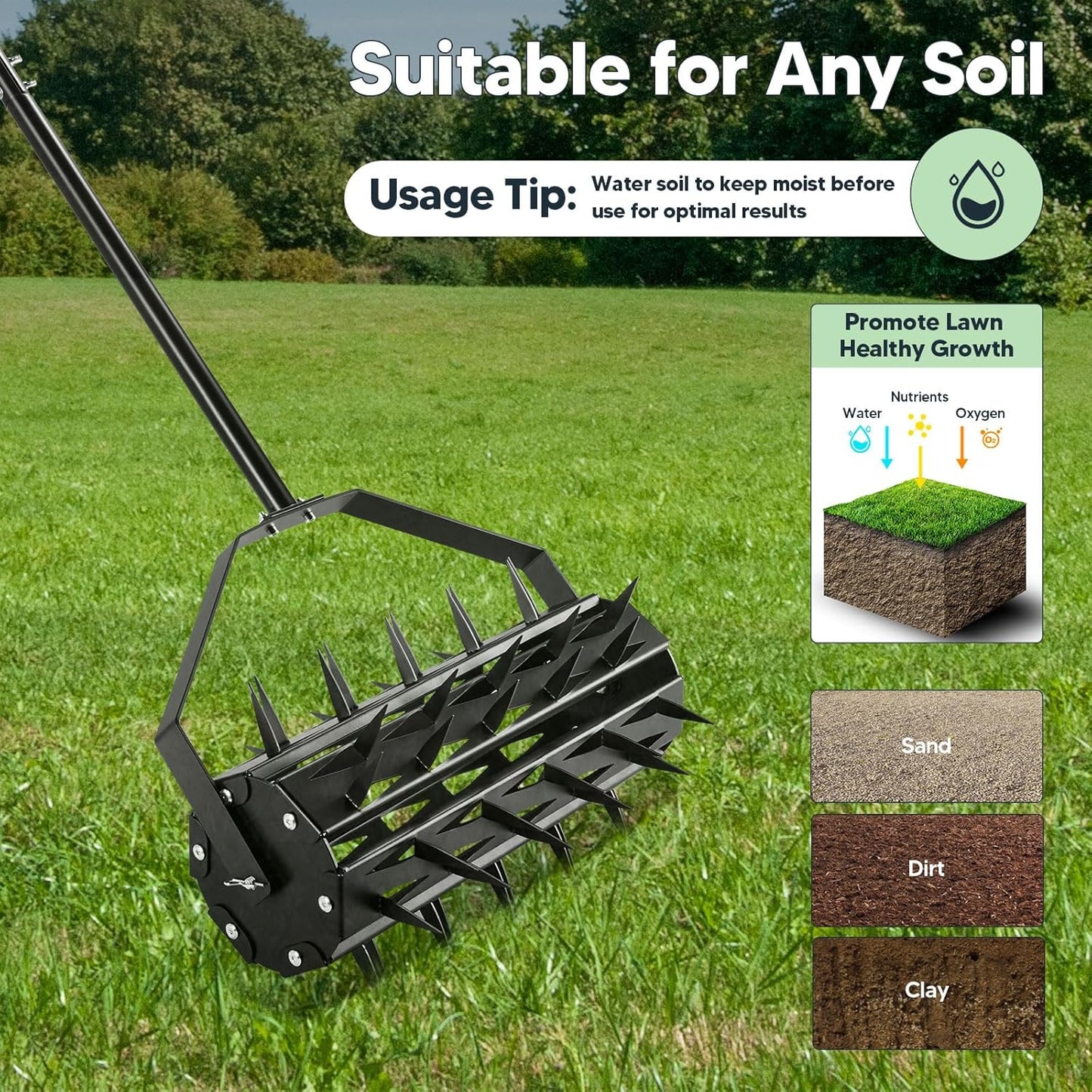 Rolling Lawn Aerator, Rotary Spike Lawn Aerator, Heavy Duty Manual Aerator Lawn Tool, 17-Inch Push Spike Aerator Roller with Adjustable Steel Handle for Garden, Lawns, Patio and Yard Grass Aeration