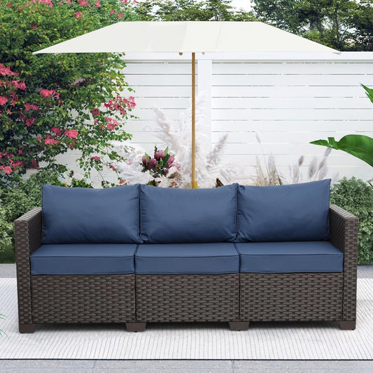 Rattaner Outdoor Couch Wicker Patio Furniture 3-seat Sofa Outdoor Furniture Deep Seat Hight Backrest with Waterproof Cover Anti-Slip Cushions, Navy Blue