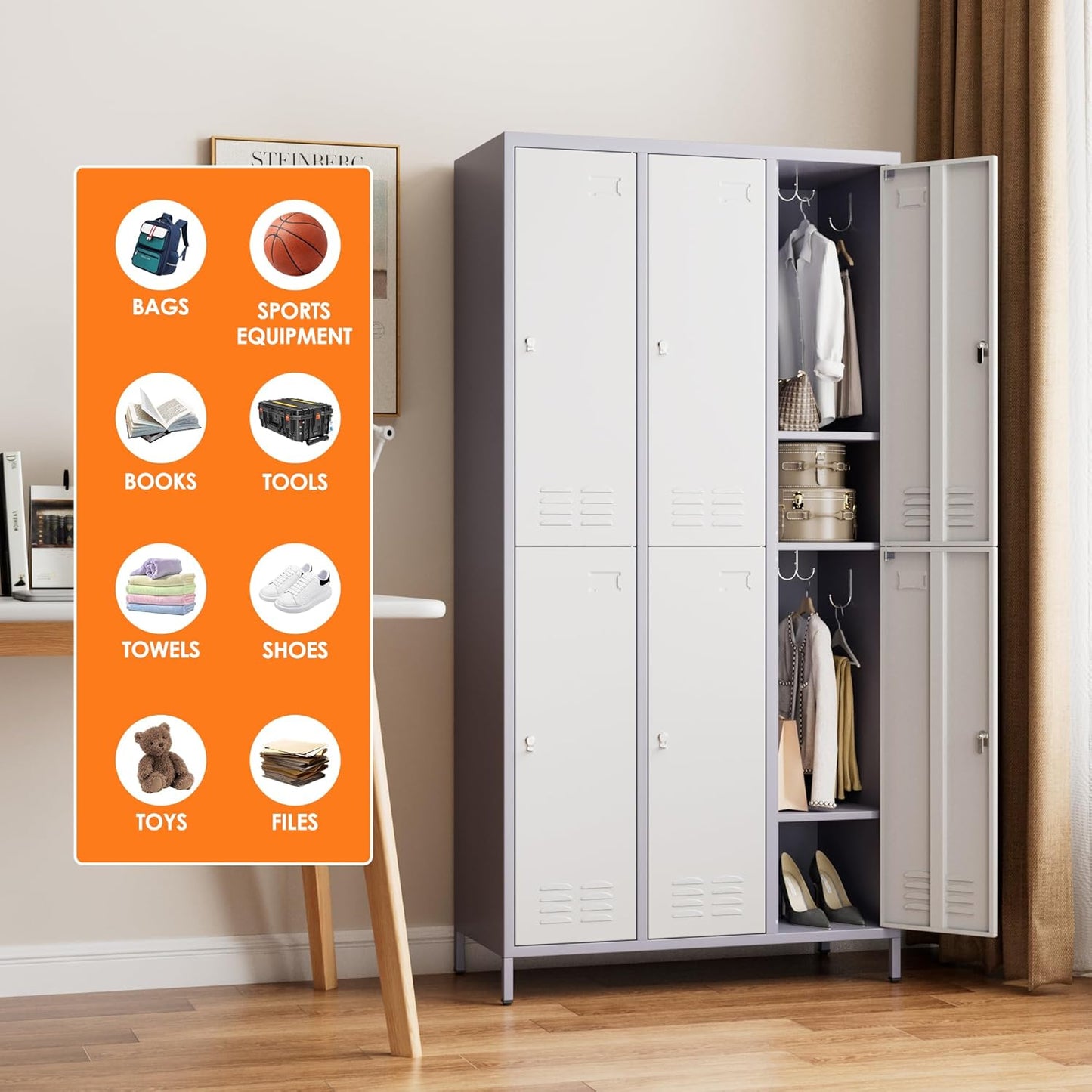 6 Doors Metal Lockers for Employees with 6 Shelves and 18 Hooks, Storage Locker with Business Card Holder for Office Gym School Bedroom, Assembly Required, White and Gray