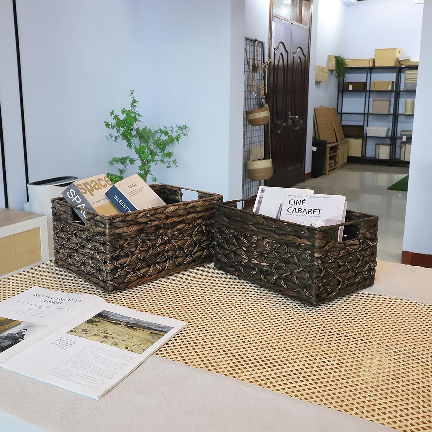 Rectangular Woven Water Hyacinth Basket,Dark Storage Basket With Inside Handle Shelves Kitchen Office Desk (Set of 2)